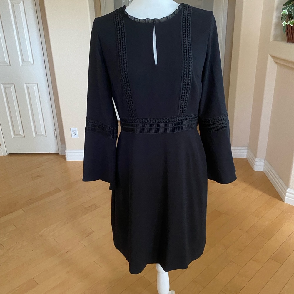 Ann Taylor Embroidered Detail Black Long Bell Sleeved Dress